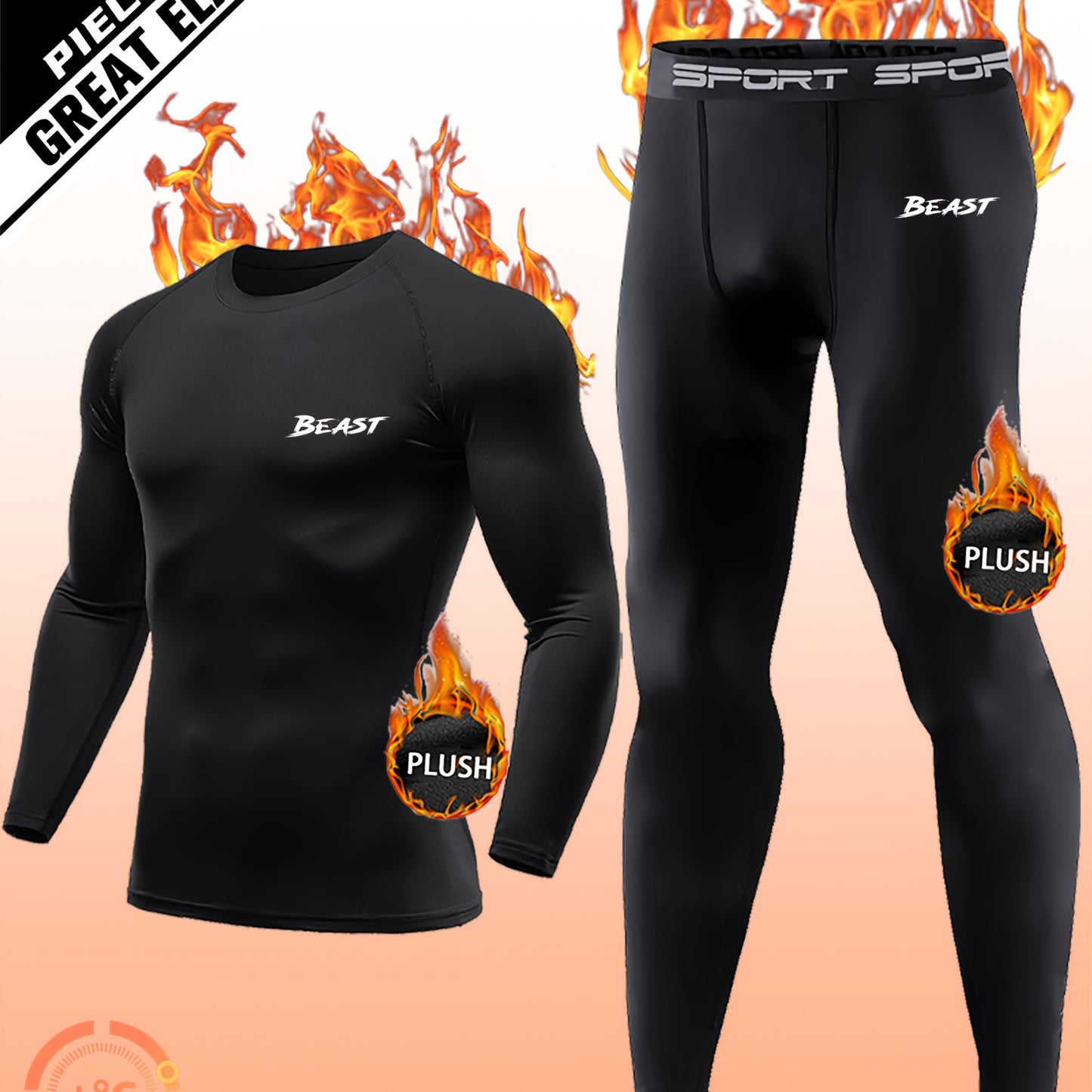 Men's HeatLock Base Layer Set 2pc Fleece Lined Black Skiing