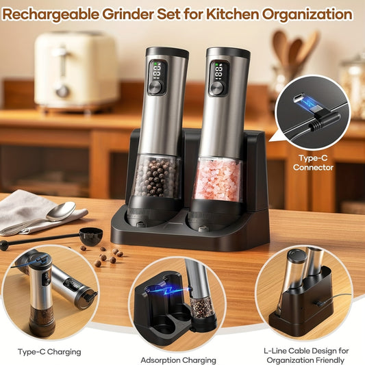 Rechargeable Salt And Pepper Grinder Set With Base USB Charging Adjustable Coarseness LED Display Extra Large Capacity
