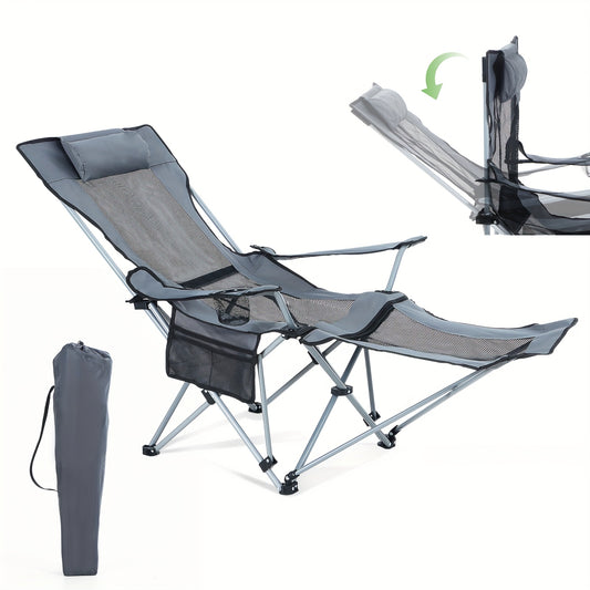 Reclining Outdoor Chair With Adjustable Footrest And Cup Holder Solid Metal Frame