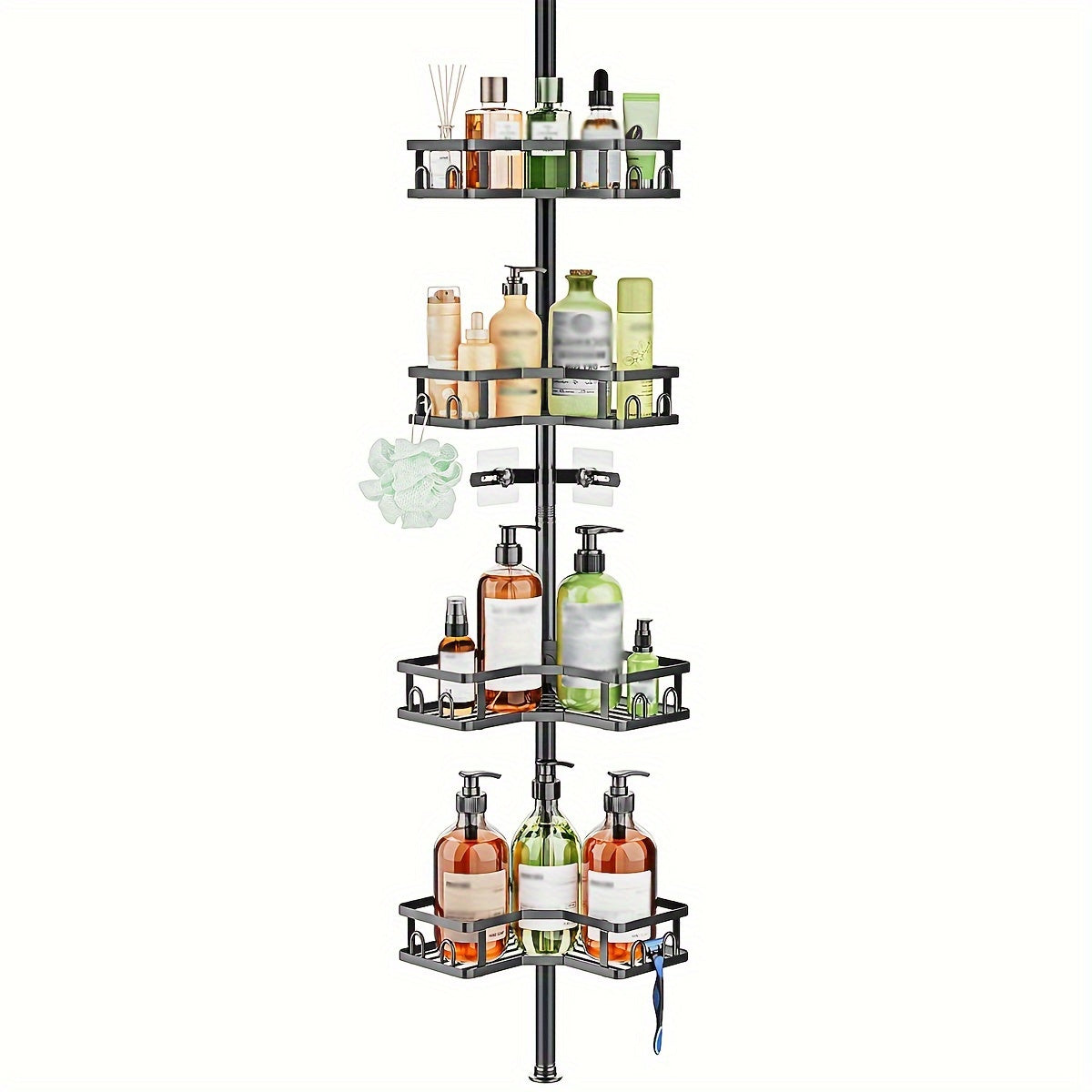 4 Tier Corner Shower Caddy With Rust Resistant Stainless Steel Pole And Tension Control Black Bathroom Organizer Shelves