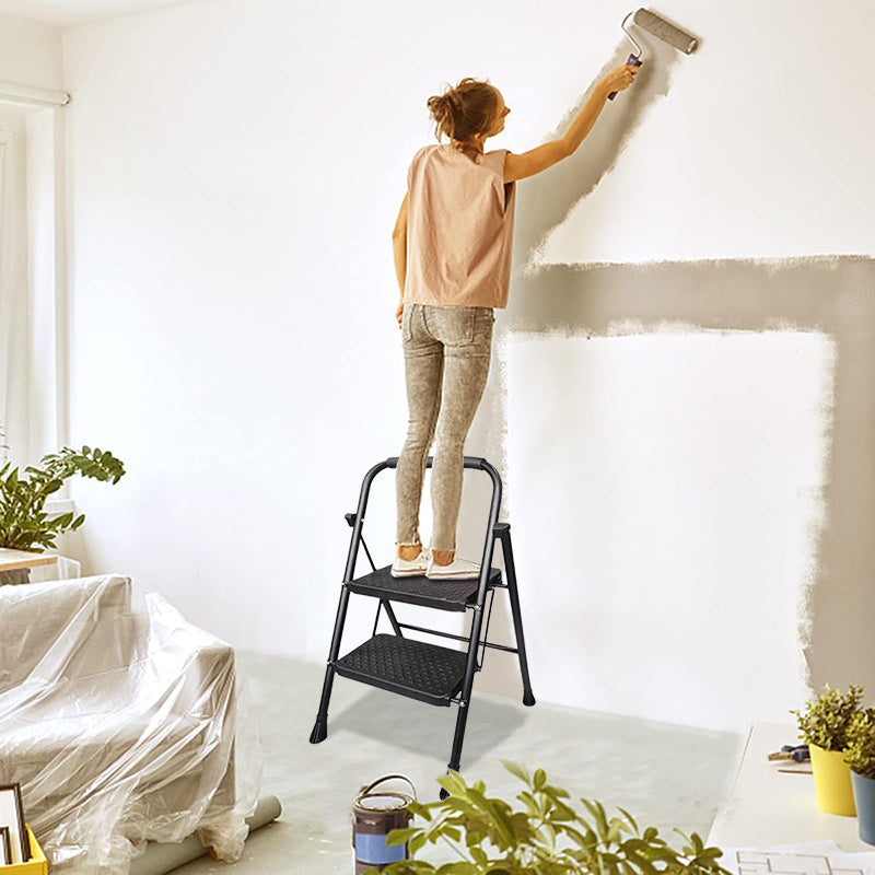 Heavy Duty 800lb Folding Step Ladder With Storage Shelf And Wide Non Slip Treads 2 To 4 Step Steel Ladder Black