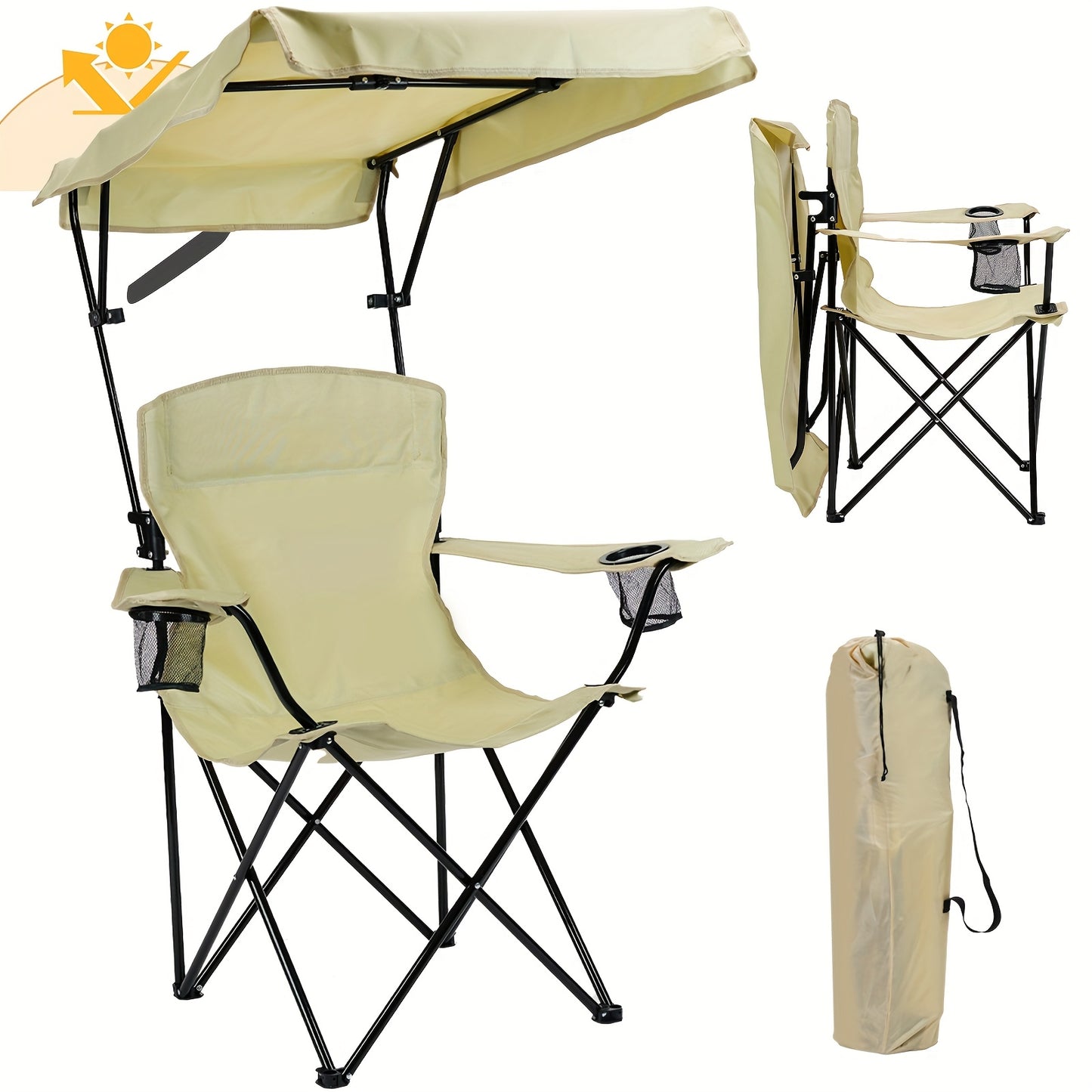 Outdoor Sunshade Chair With Adjustable Canopy And Armrests, Cup Holder, Foldable Storage Bag For Outdoor Use