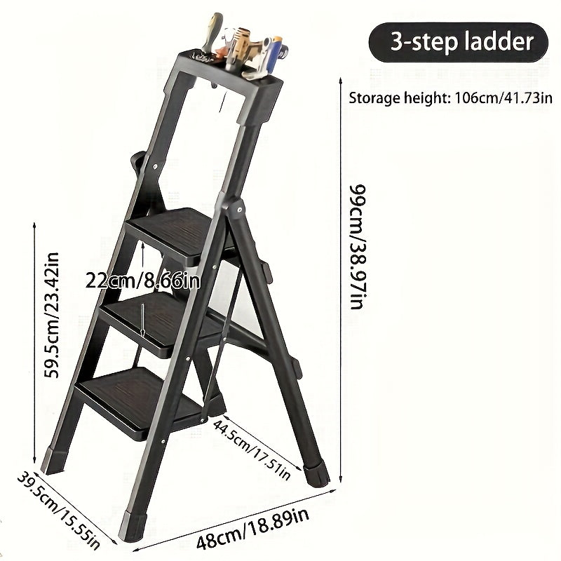 Five Step Folding Metal Ladder With Handrails Portable Safety Footstool For Home And Office Use Black Anti Slip Pads