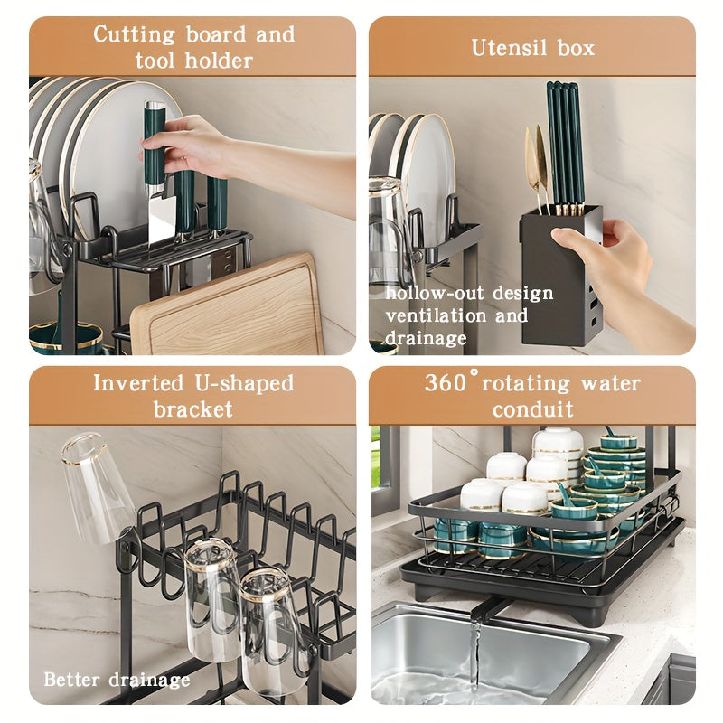 Double Tier Large Metal Cutlery Rack For Kitchen Space Saving Rustproof With Knife Fork Cup Holders And Draining Board