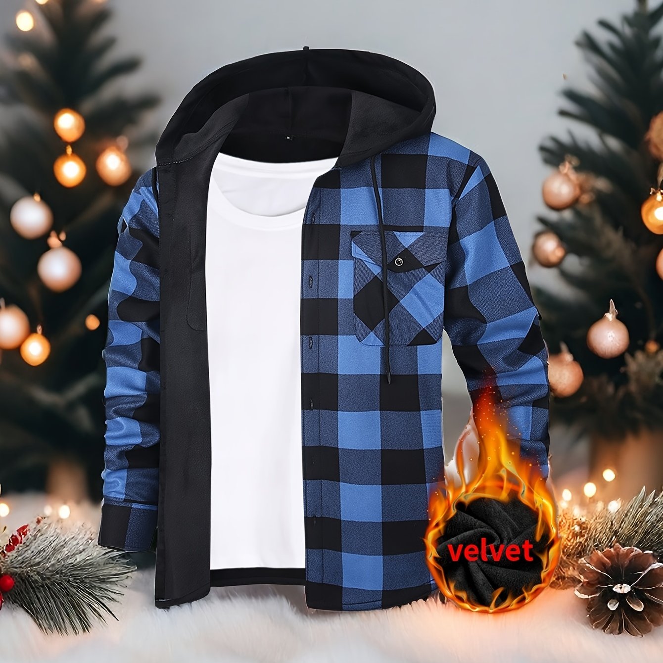 Mens Hooded Plaid Shirt Jacket Winter Thickened Coat