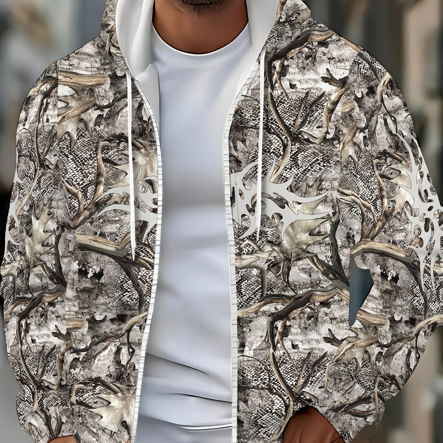 Stylish Men's Deer Antler Print Hooded Zip Up Winter Jacket