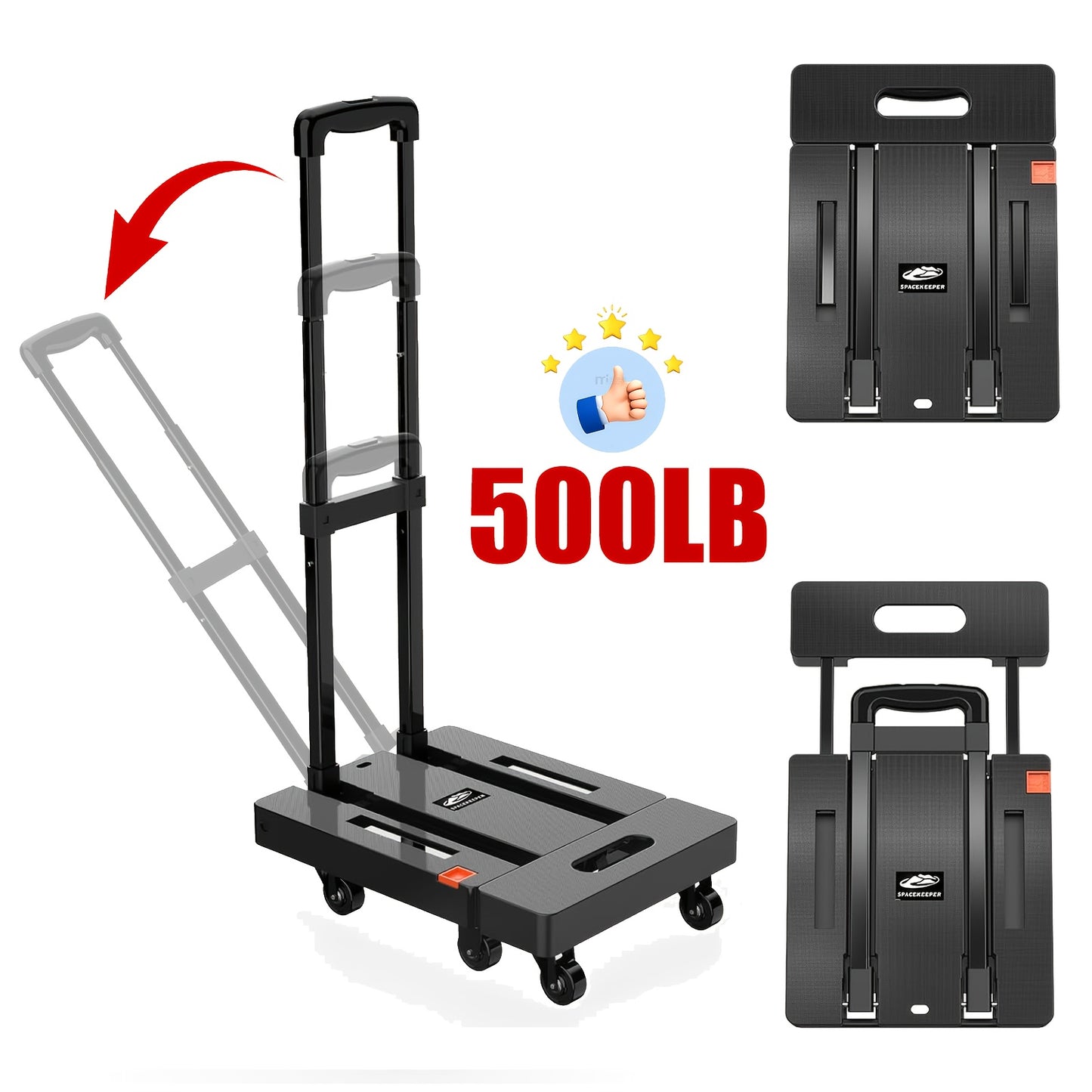 Solejazz Folding Hand Truck 500 Pounds Heavy Duty Luggage Cart With 6 Wheels And 2 Elastic Ropes Black