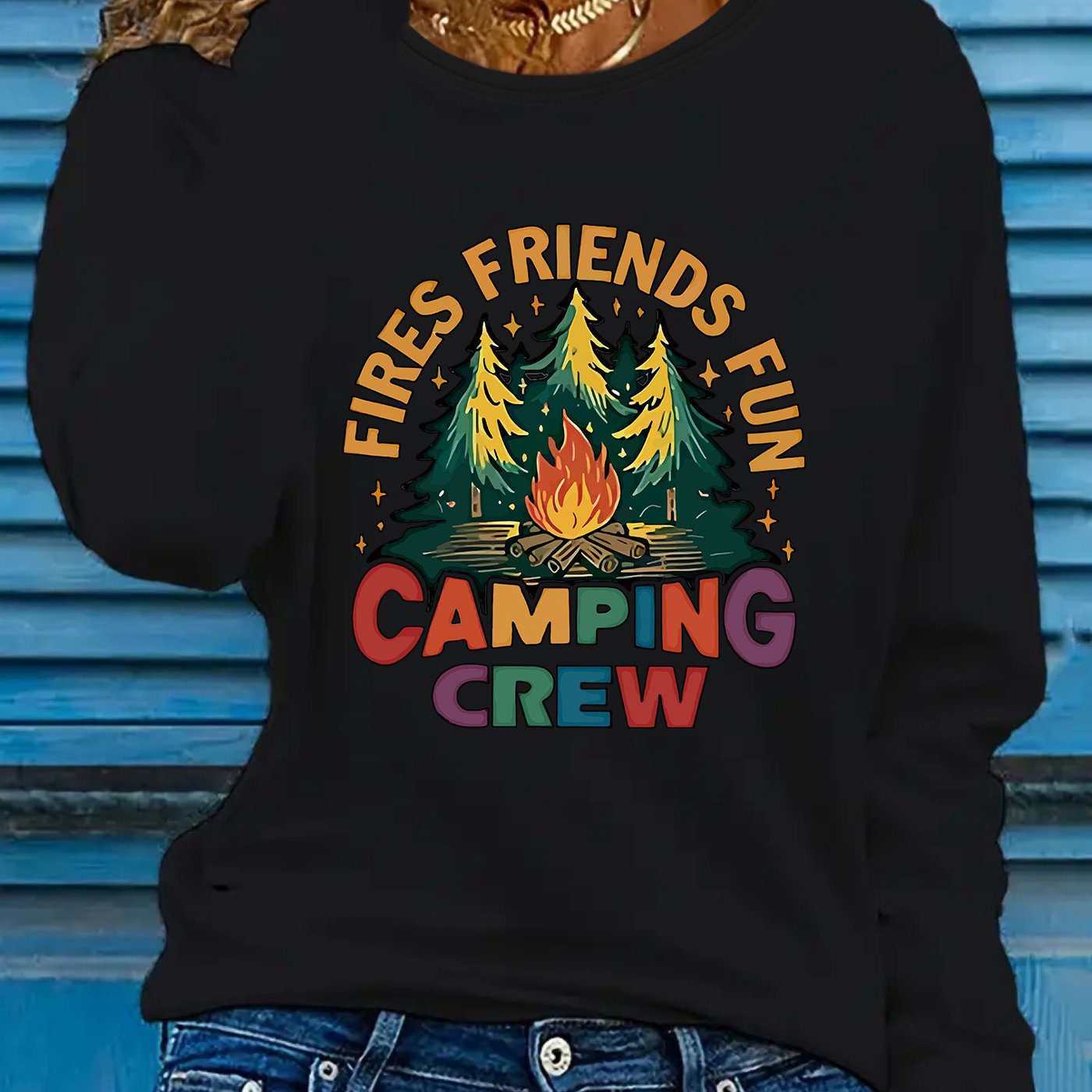 Women's Graphic Long Sleeve Gray Campfire Pine Tee Shirt
