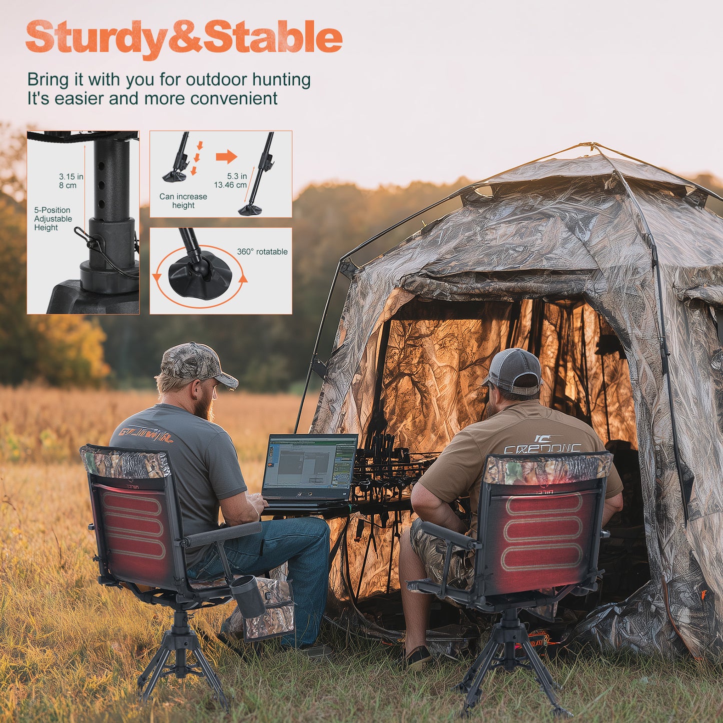 Heated 360 Swivel Hunting Blind Chair Adjustable 4 Leg Height Battery Included