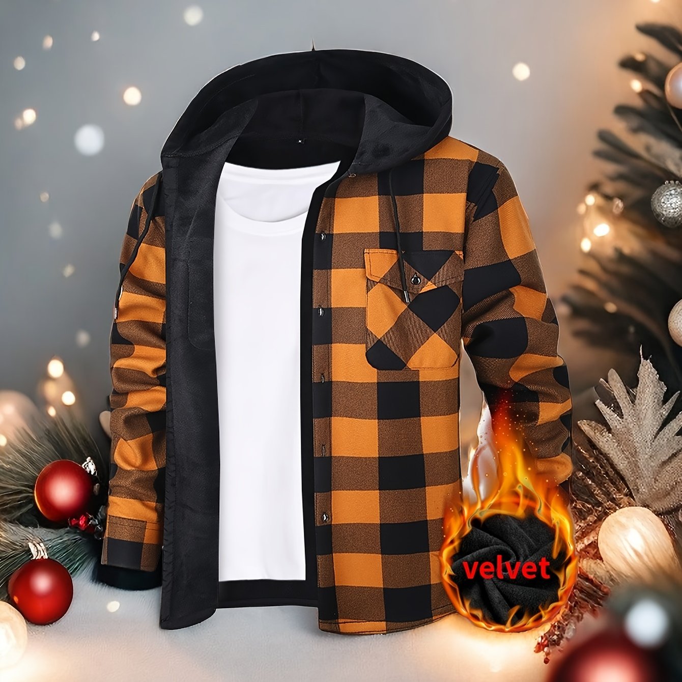 Mens Hooded Plaid Shirt Jacket Winter Thickened Coat