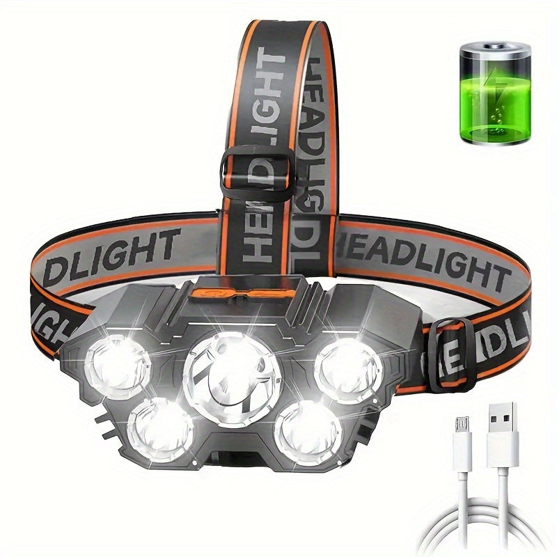 Rechargeable LED Headlamp With 5 LEDs For Outdoor Camping