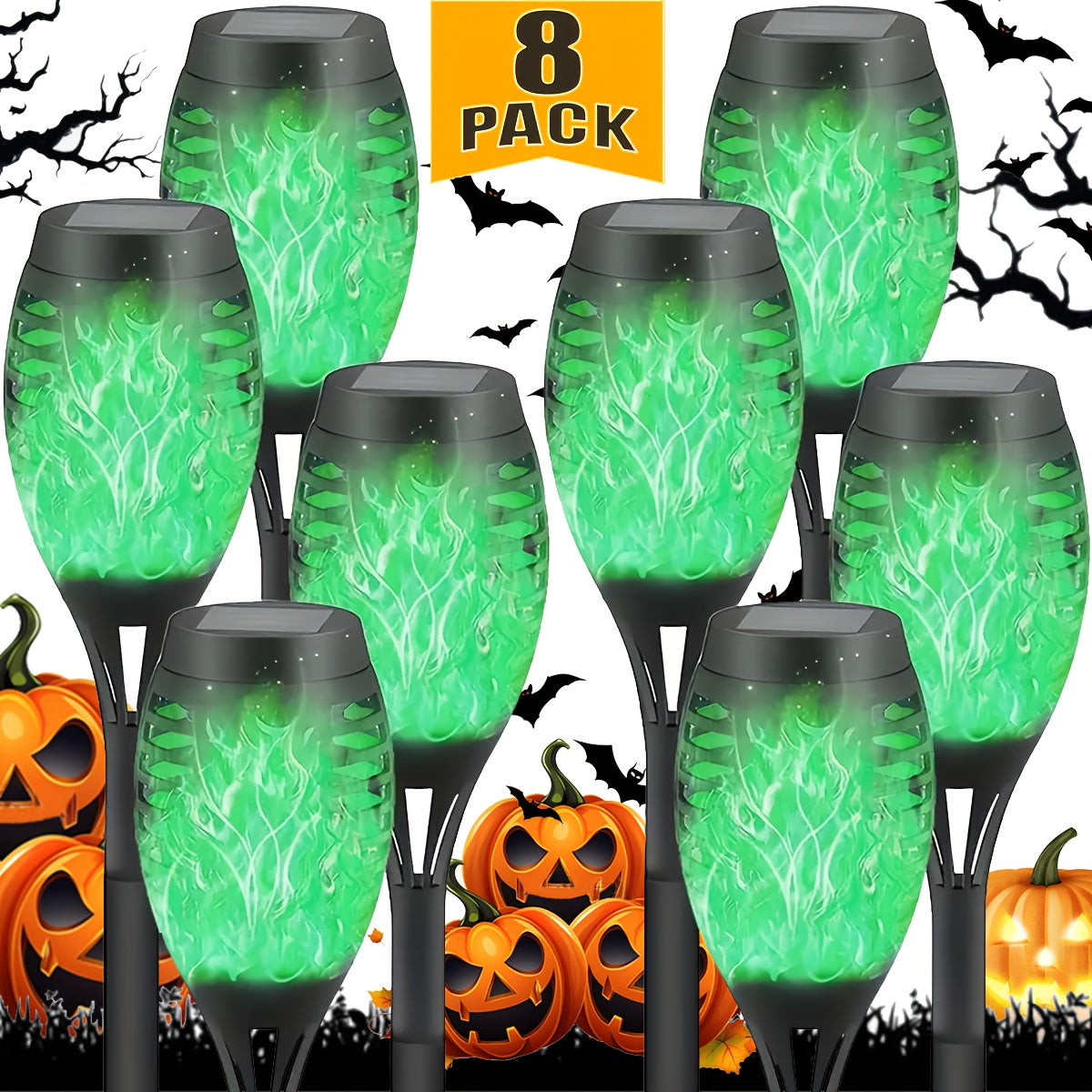 8 Pack Solar Torch Lights Outdoor Waterproof Flickering Flame Tiki Garden Pathway Realistic Fire Effect Auto On Off