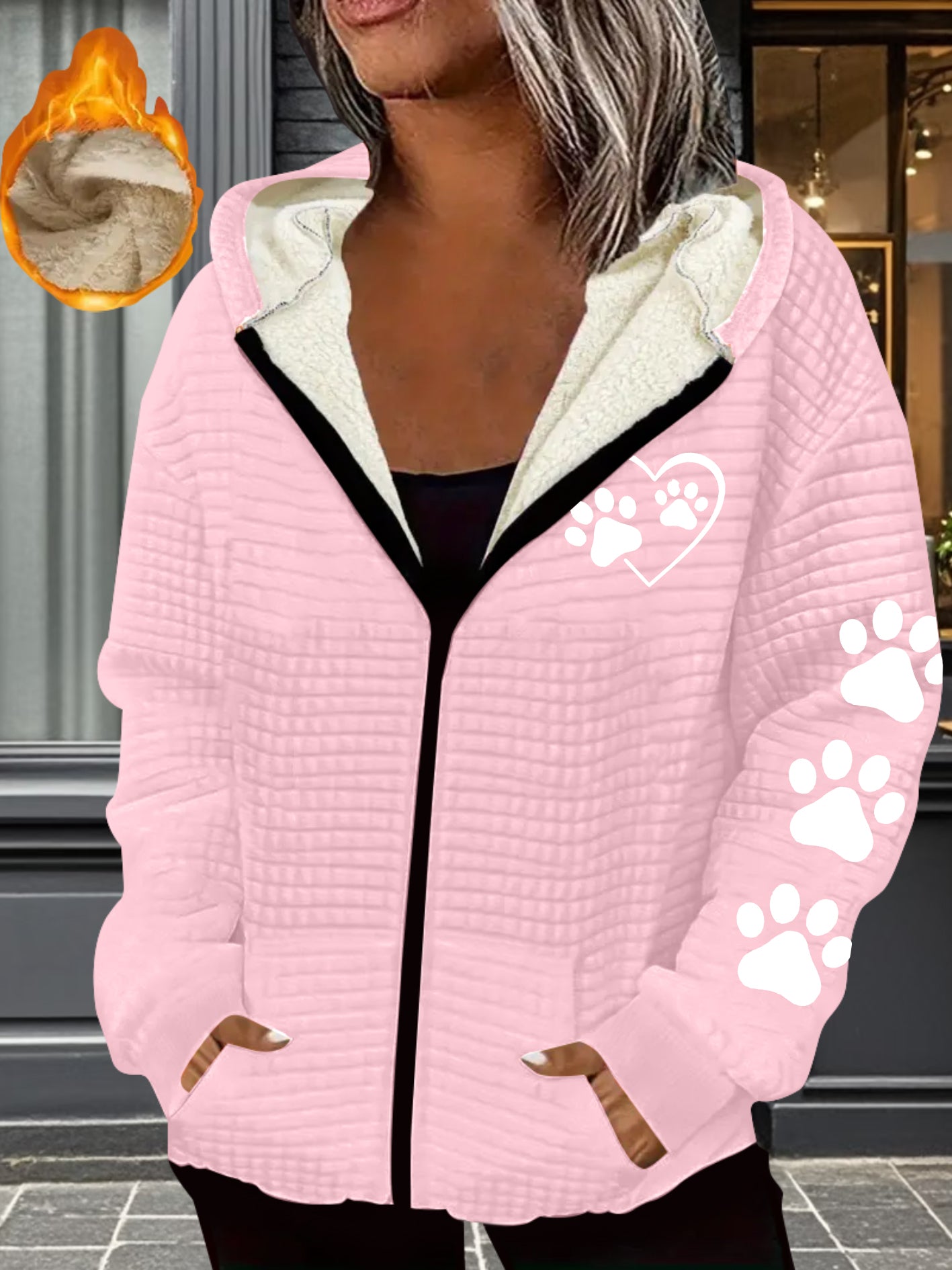 Womens Thermal Full Zip Hooded Jacket Paw Print Pattern