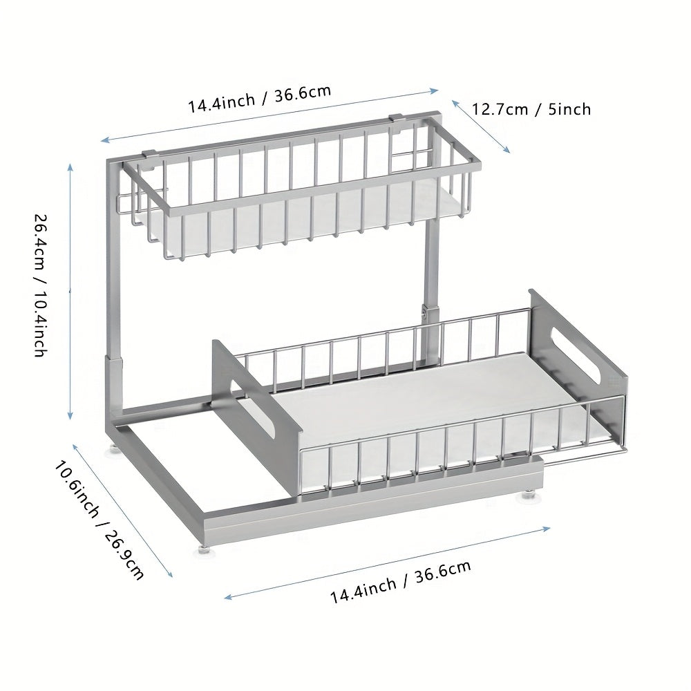 Two Level Under Sink Organizers With Sliding Pull Out Shelf Made Of Metal For Kitchen Bathroom Pantry And Closet