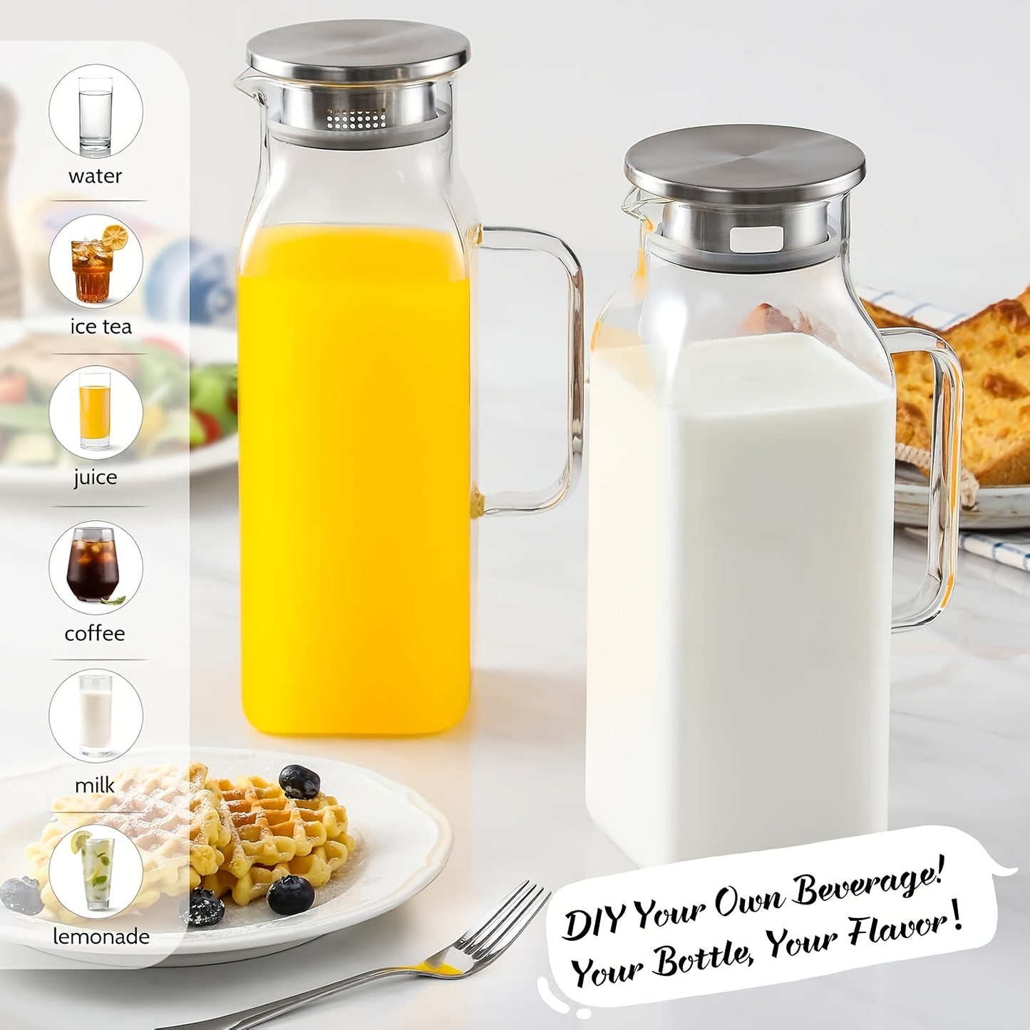 2 Pack Glass Pitcher With Lid And Handle 2L Borosilicate Thermal Shock Resistant Dishwasher Safe For Hot And Cold Drinks