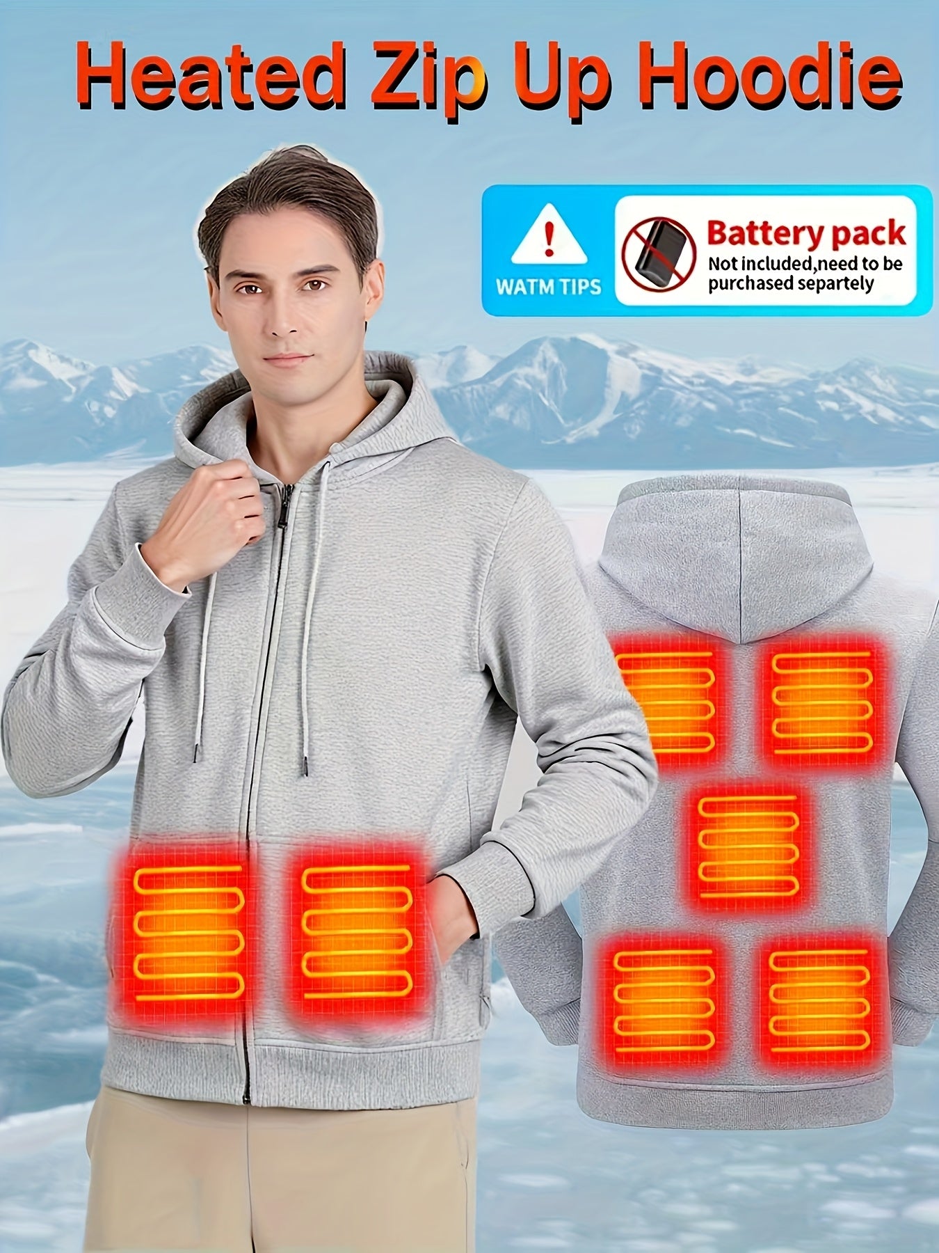 Powered Heated Jacket Full Zip Hooded Winter Coat For Outdoor Activities Running Skiing Machine Washable