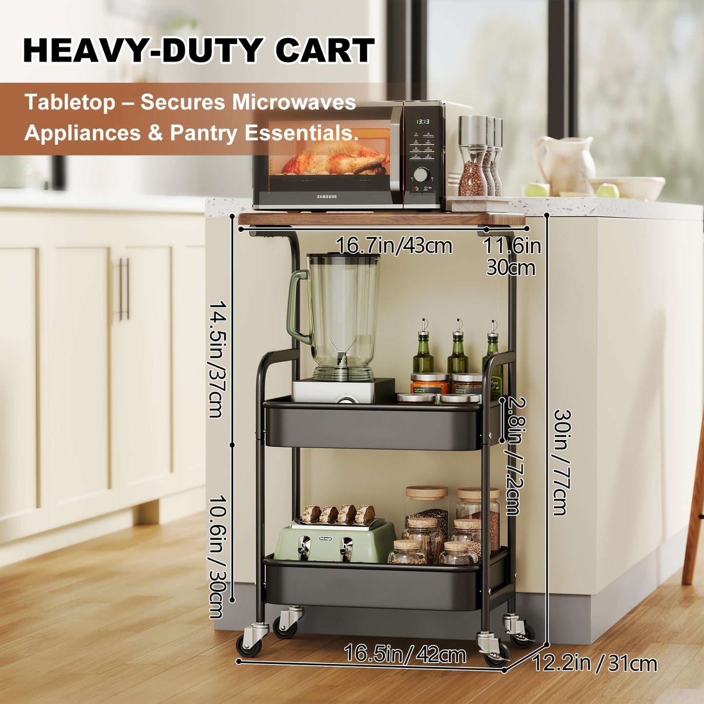 Rolling Cart With Wooden Table Top 3 Tier Metal Utility Cart Locking Wheels Printer Stand Kitchen Office Bedroom