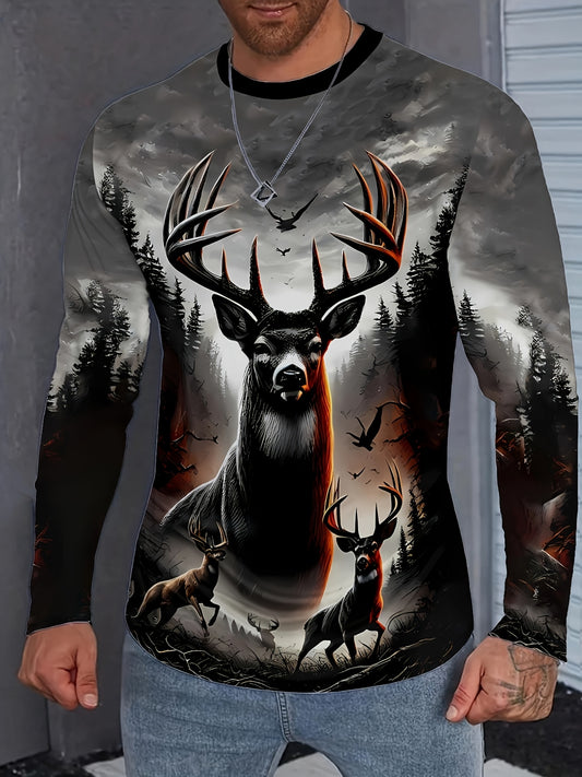 Mens Long Sleeve Shirt Deer Hunting Graphic Print Stag