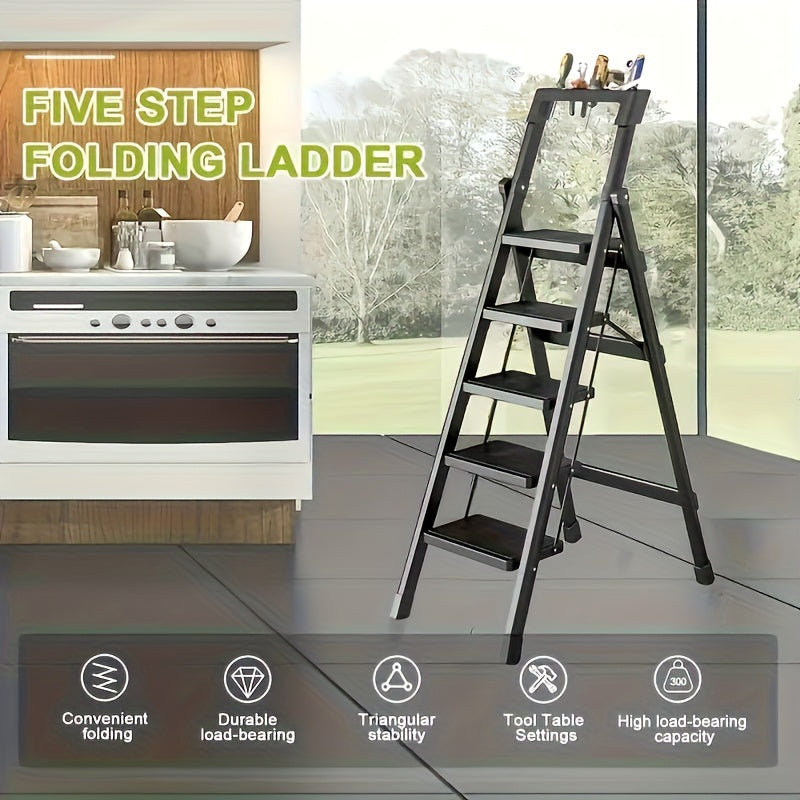 Five Step Folding Metal Ladder With Handrails Portable Safety Footstool For Home And Office Use Black Anti Slip Pads