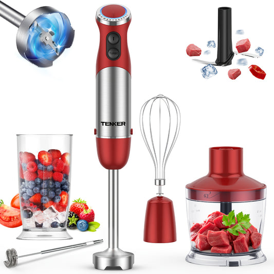 Tenker 5 In 1 Immersion Hand Blender With 12 Speed Motor Stainless Steel Stick Chopper Whisk Milk Frother Cordless Red