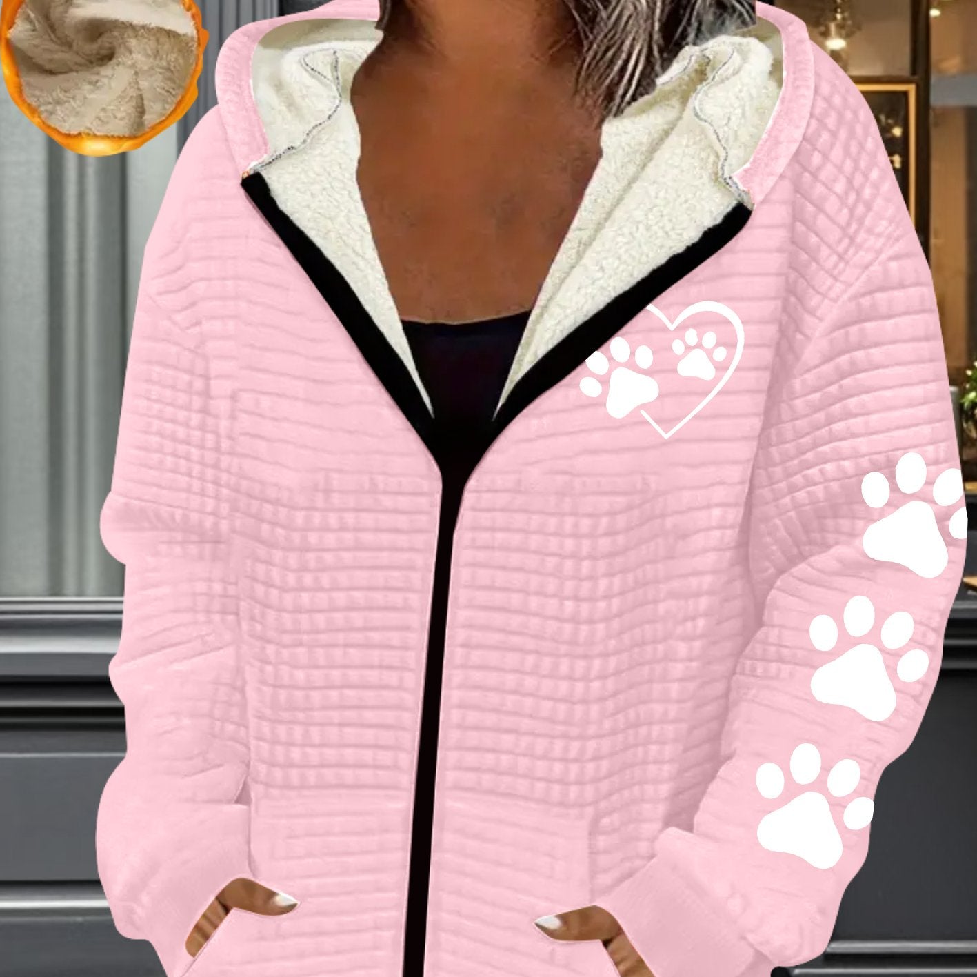 Womens Thermal Full Zip Hooded Jacket Paw Print Pattern