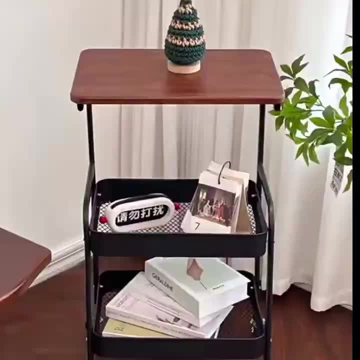 Rolling Cart With Wooden Table Top 3 Tier Metal Utility Cart Locking Wheels Printer Stand Kitchen Office Bedroom