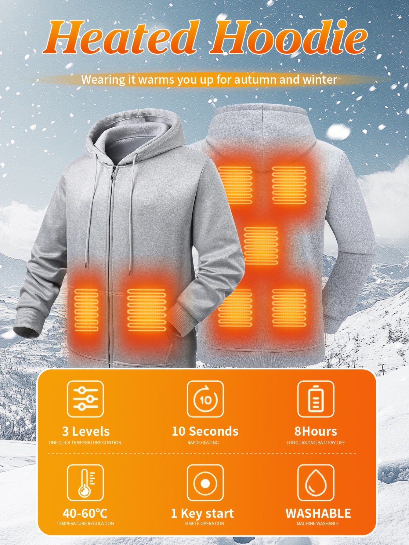 Powered Heated Jacket Full Zip Hooded Winter Coat For Outdoor Activities Running Skiing Machine Washable