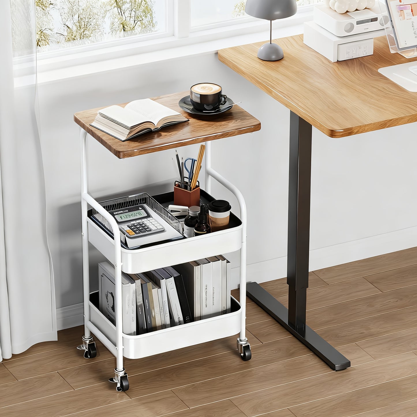 Rolling Cart With Wooden Table Top 3 Tier Metal Utility Cart Locking Wheels Printer Stand Kitchen Office Bedroom