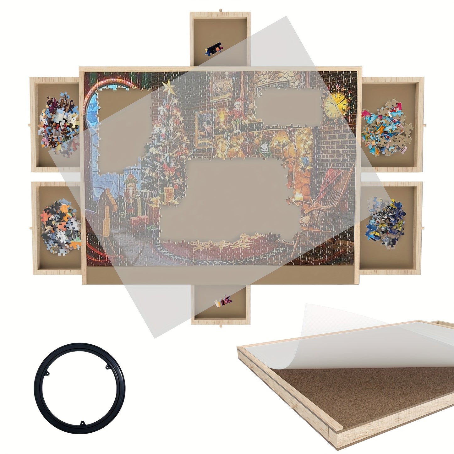Deluxe 35x27 Inches Wooden Puzzle Board With 6 Drawers Rotating Jigsaw Organizer For 1500 Pieces Portable Storage