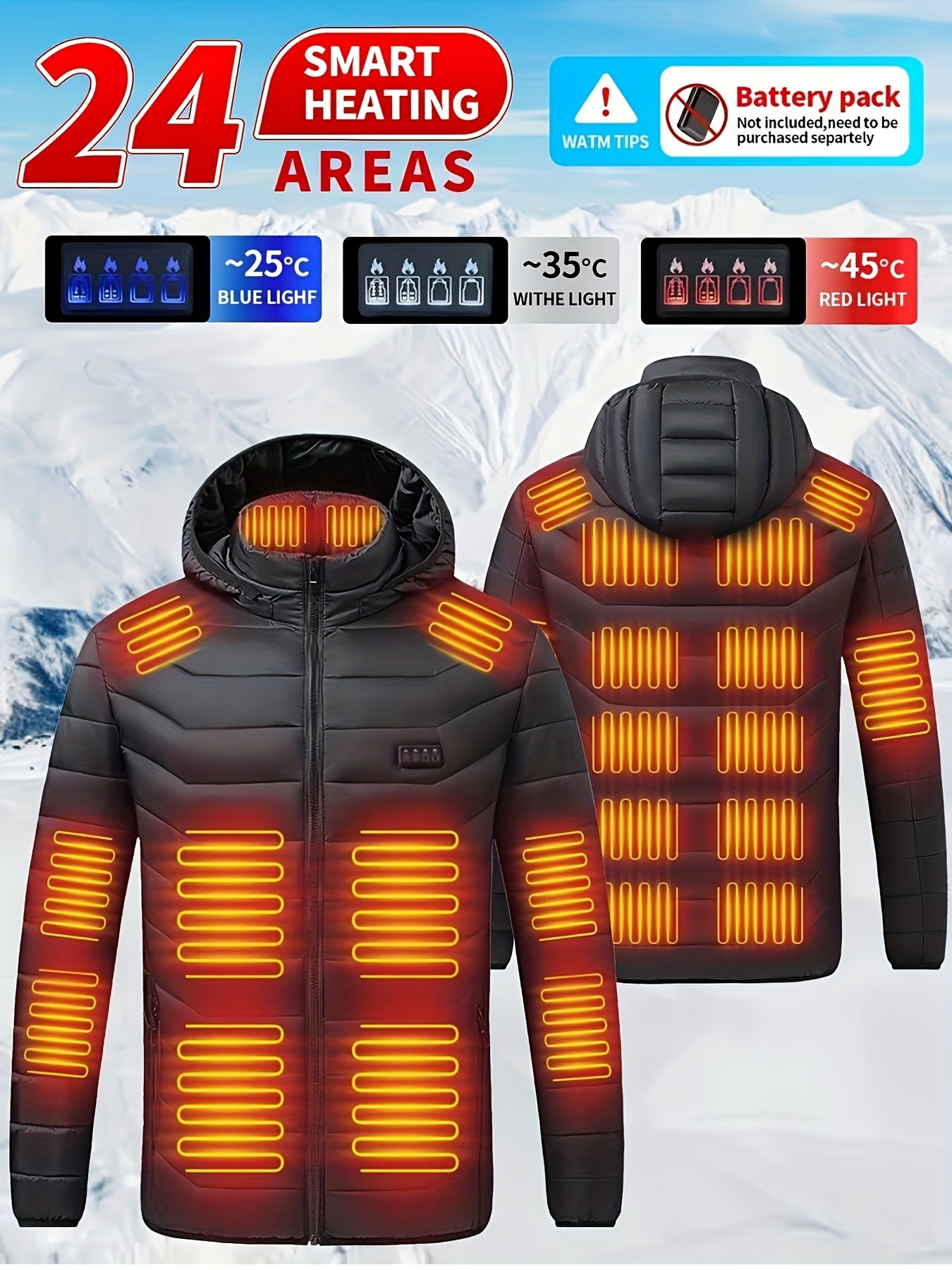 Electric Heating Jacket USB Powered Hooded Full Zip 24 Zones