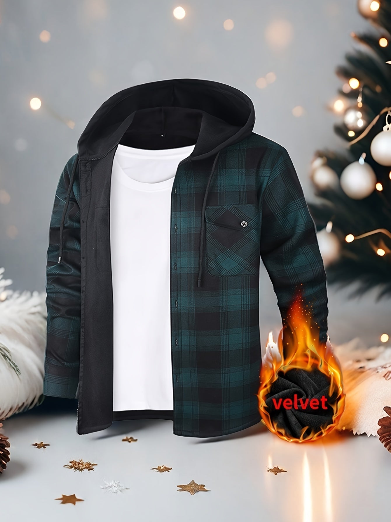 Mens Hooded Plaid Shirt Jacket Winter Thickened Coat