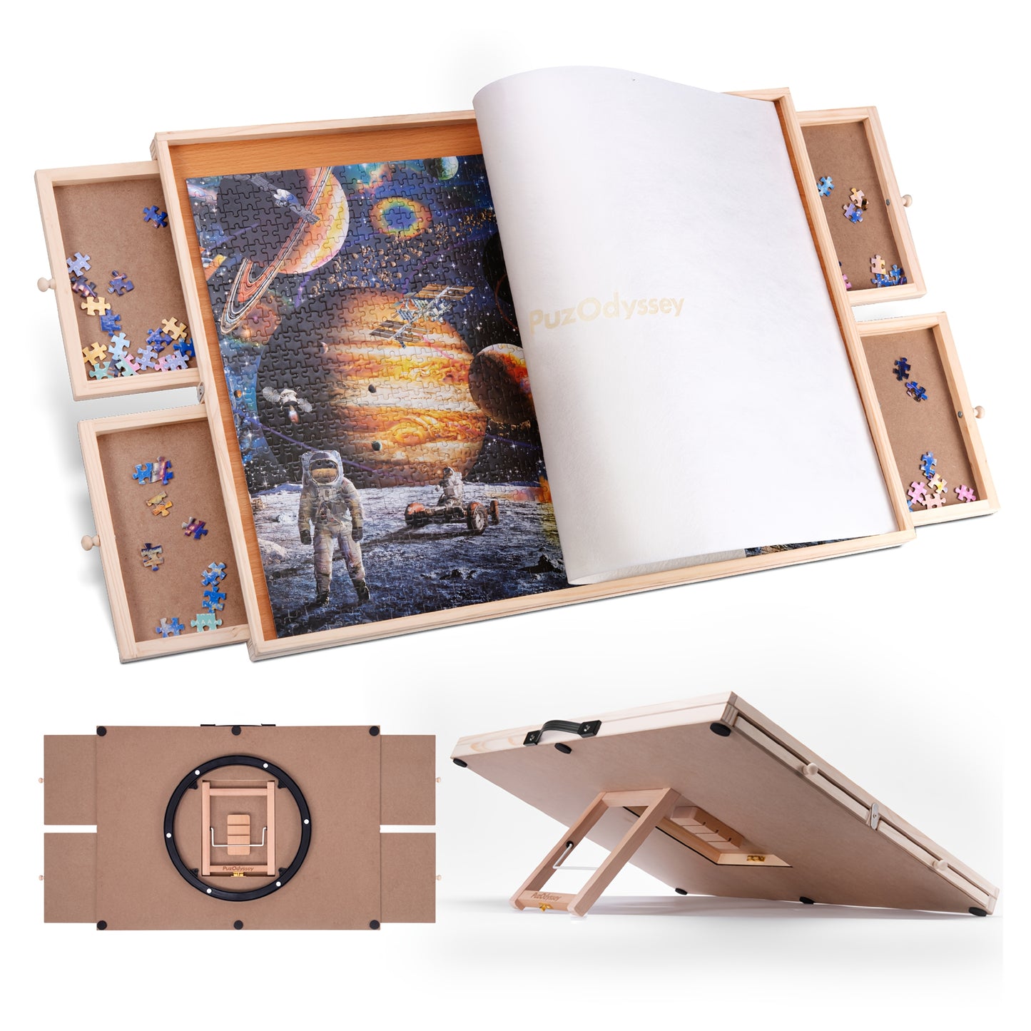 Rotating Tilting Two In One Puzzle Table With Four Drawers White Mat Lazy Susan Adjustable Wooden Jigsaw Table Stand