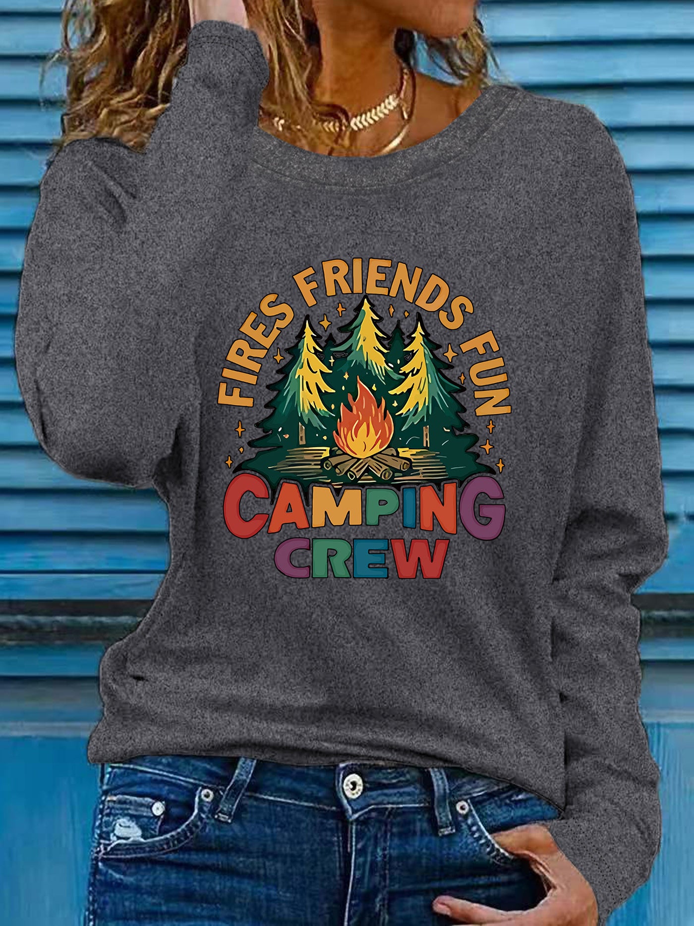 Women's Graphic Long Sleeve Gray Campfire Pine Tee Shirt
