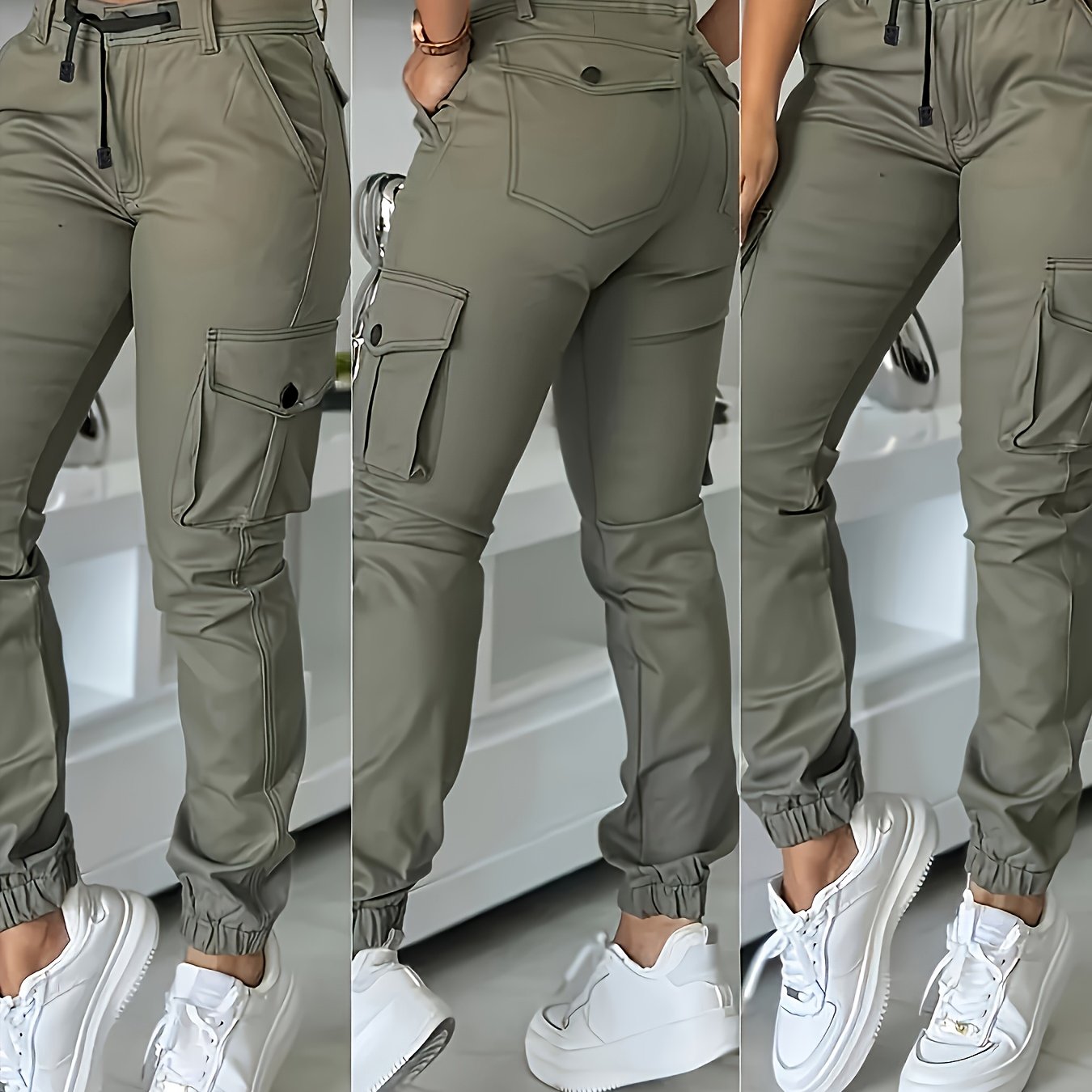Olive Green Cargo Pants With Many Pockets And Drawstring