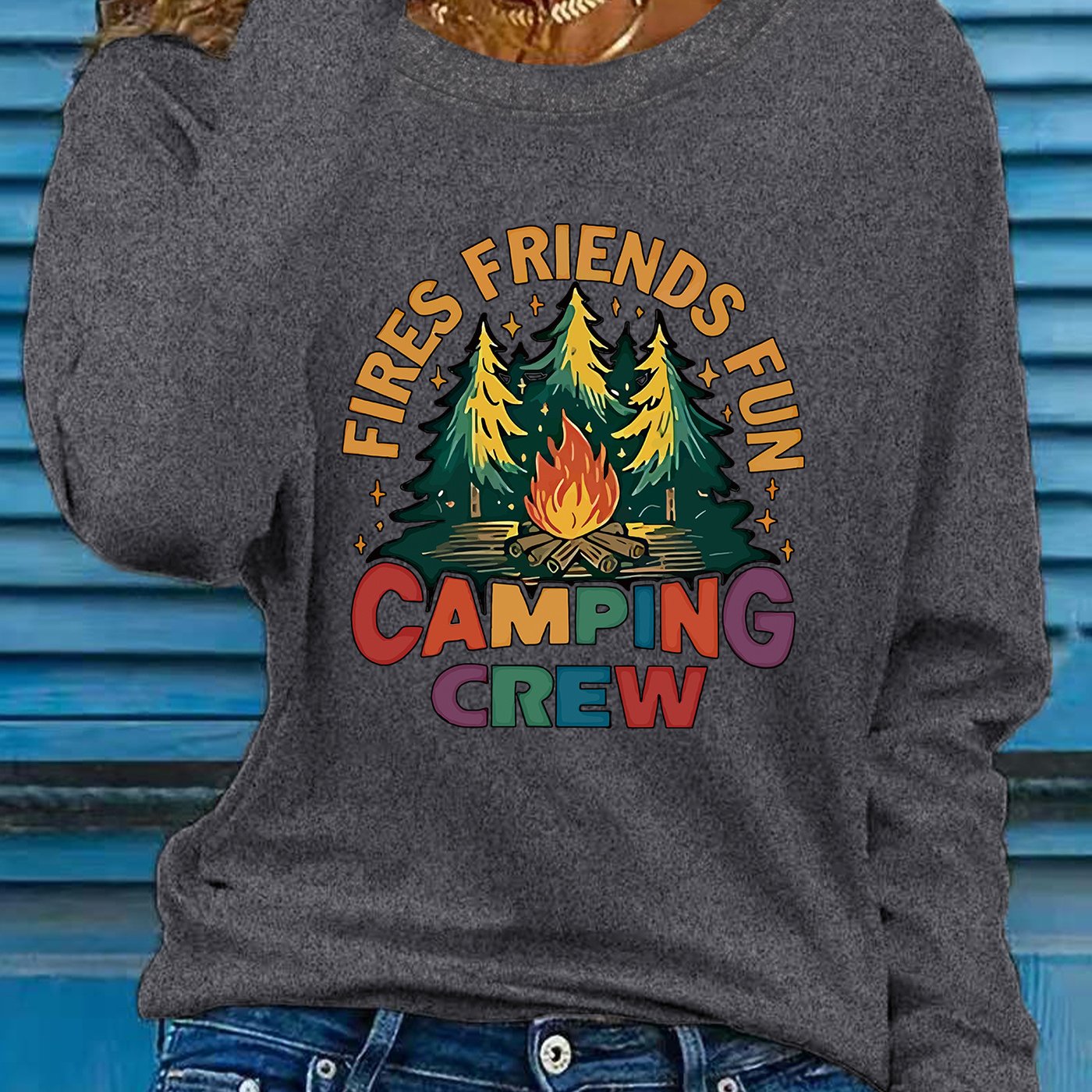 Women's Graphic Long Sleeve Gray Campfire Pine Tee Shirt
