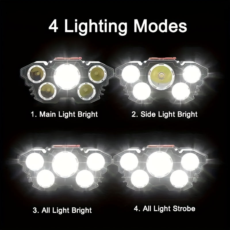 Rechargeable LED Headlamp With 5 LEDs For Outdoor Camping