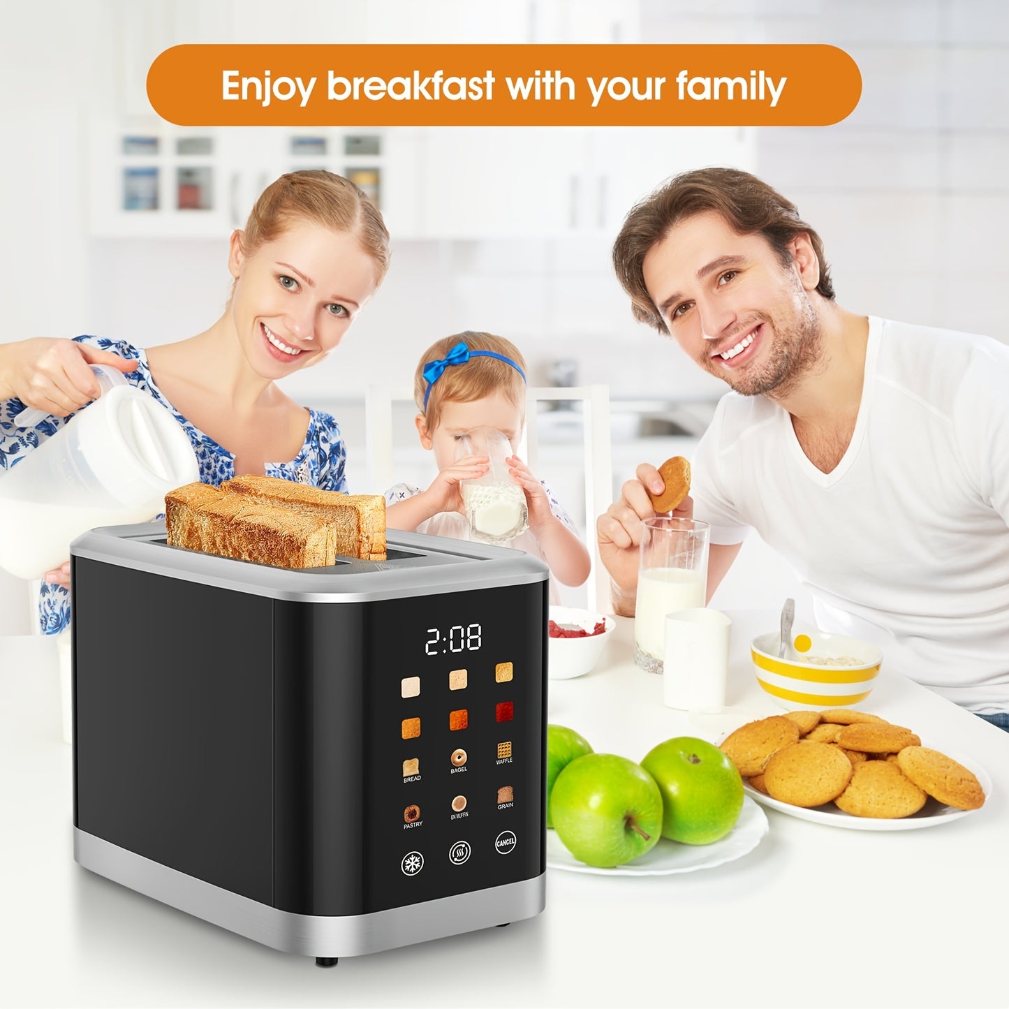 Smart Touchscreen Toaster 2 Slice with LCD Display 6 Toasting Levels 6 Shade Settings Stainless Steel US Plug Black