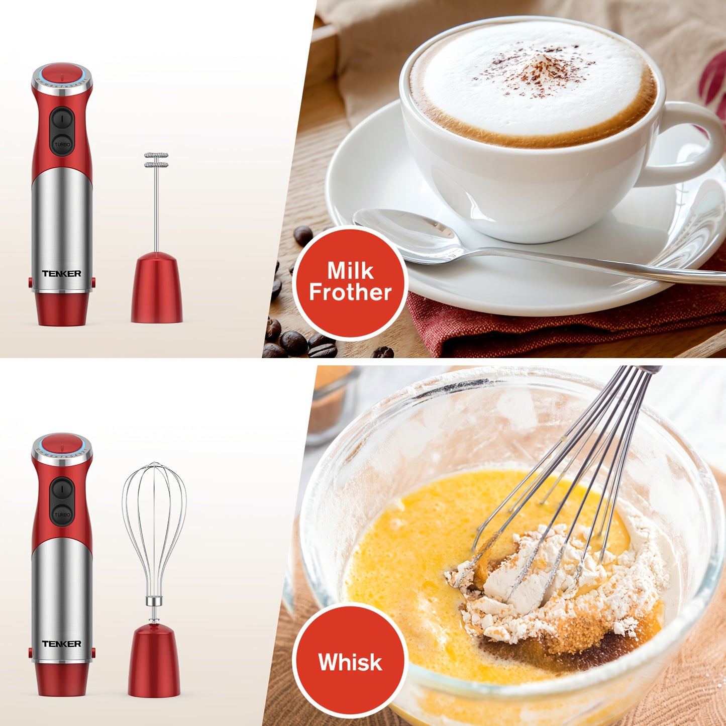 Tenker 5 In 1 Immersion Hand Blender With 12 Speed Motor Stainless Steel Stick Chopper Whisk Milk Frother Cordless Red