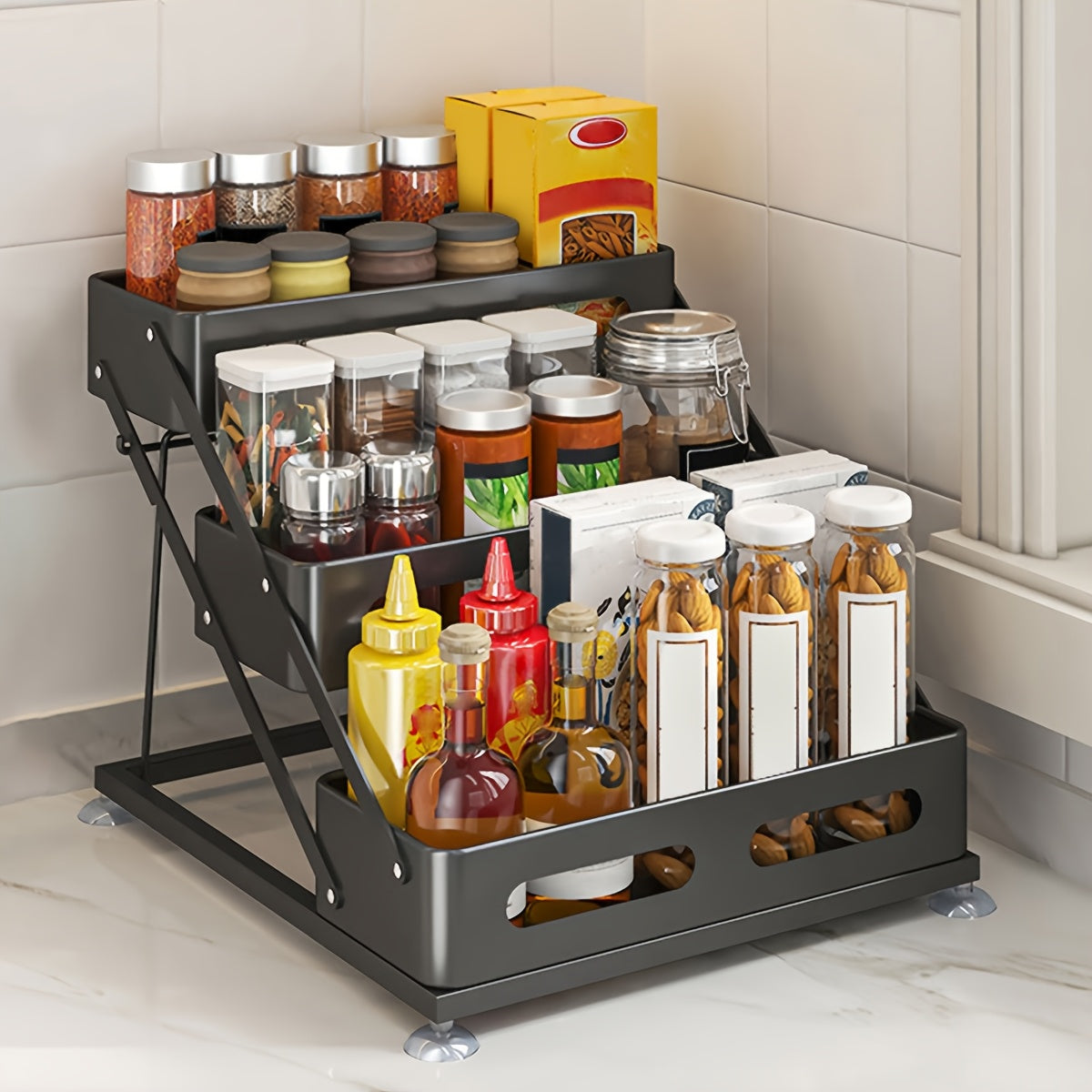 3-Tier Foldable Cast Iron Spice Rack With Safety Rails For Kitchen Storage Holiday Theme Durable Painted Finish