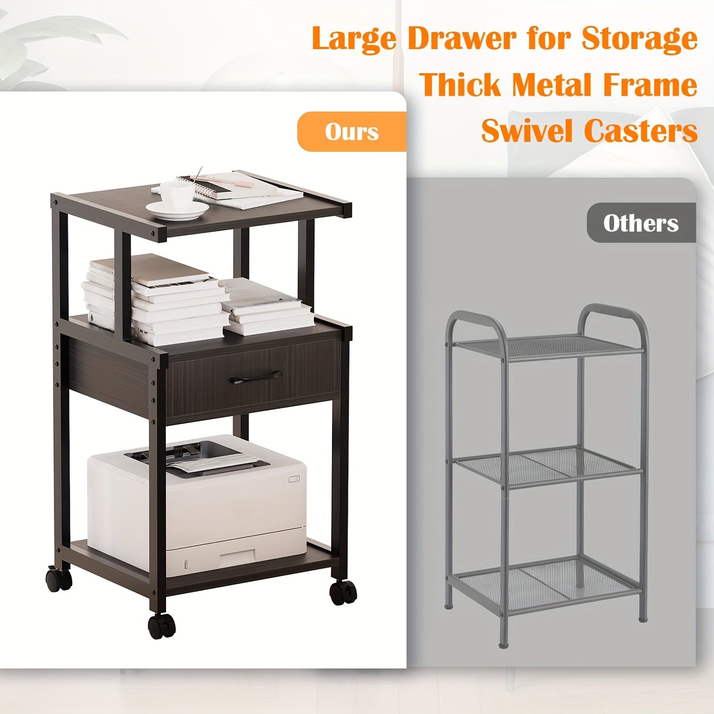 Sturdy 3 Tier Rolling Printer Stand With Storage Drawer Recycled Wood And Metal Frame Mobile Printer Cart With Wheels