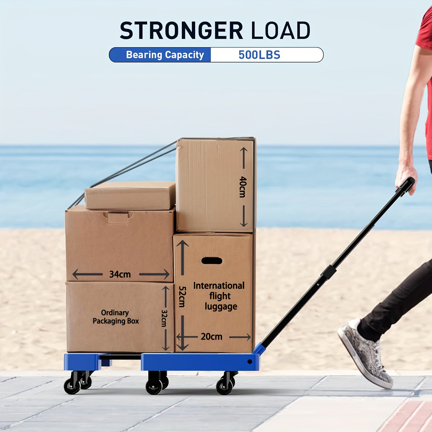 Solejazz Folding Hand Truck 500 Pounds Heavy Duty Luggage Cart With 6 Wheels And 2 Elastic Ropes Black