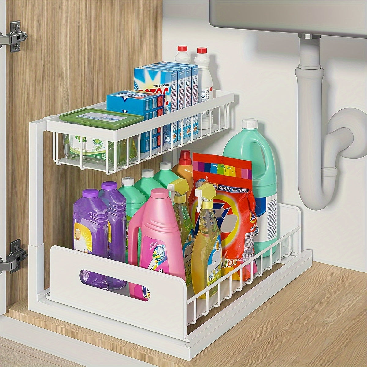 Two Level Under Sink Organizers With Sliding Pull Out Shelf Made Of Metal For Kitchen Bathroom Pantry And Closet