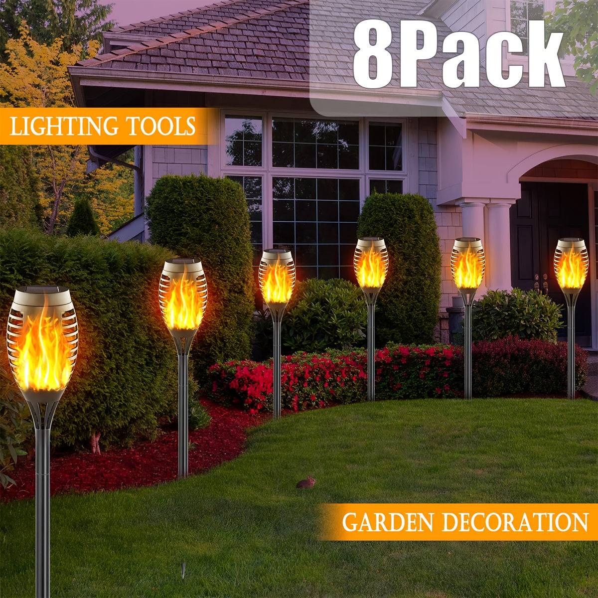 8 Pack Solar Torch Lights Outdoor Waterproof Flickering Flame Tiki Garden Pathway Realistic Fire Effect Auto On Off