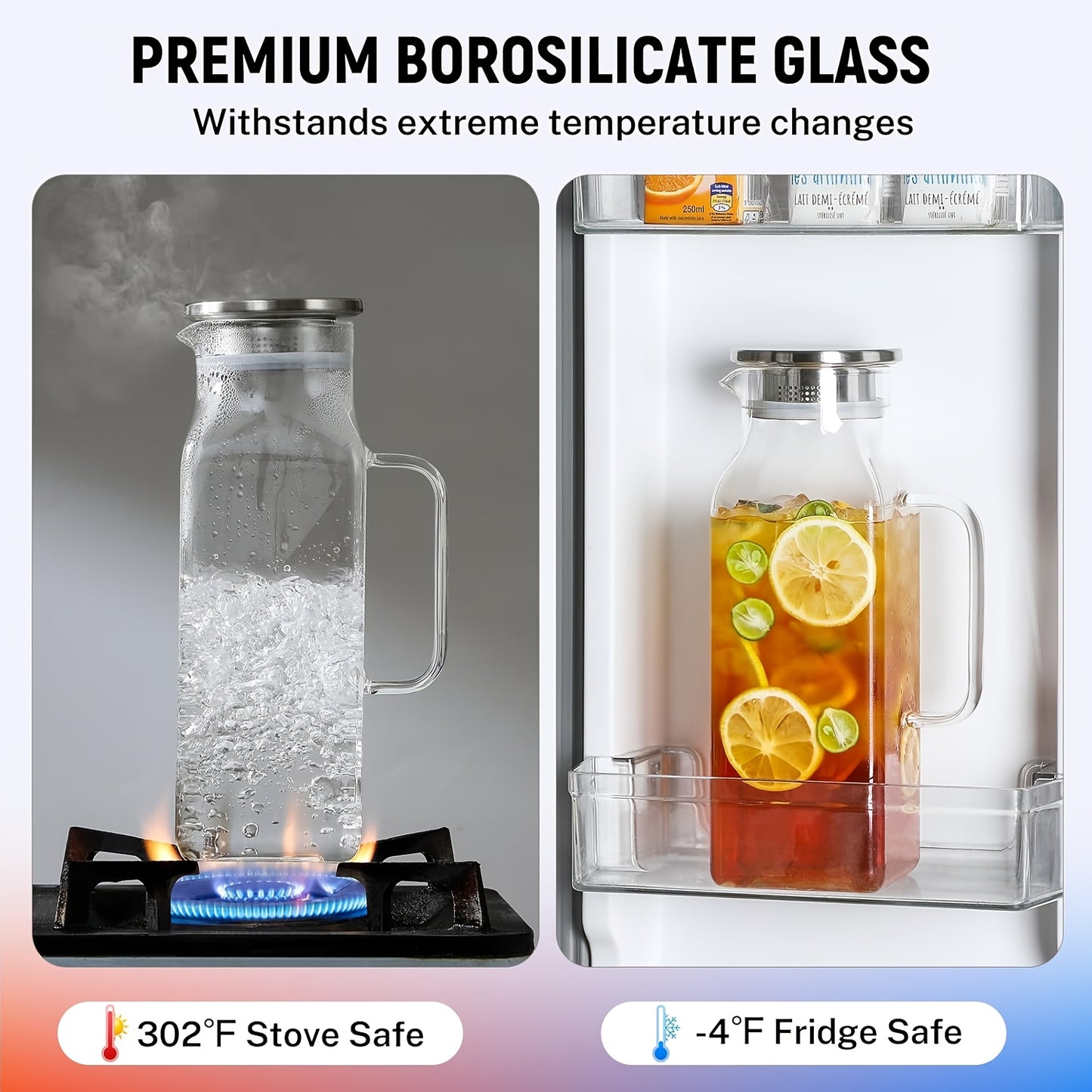 2 Pack Glass Pitcher With Lid And Handle 2L Borosilicate Thermal Shock Resistant Dishwasher Safe For Hot And Cold Drinks