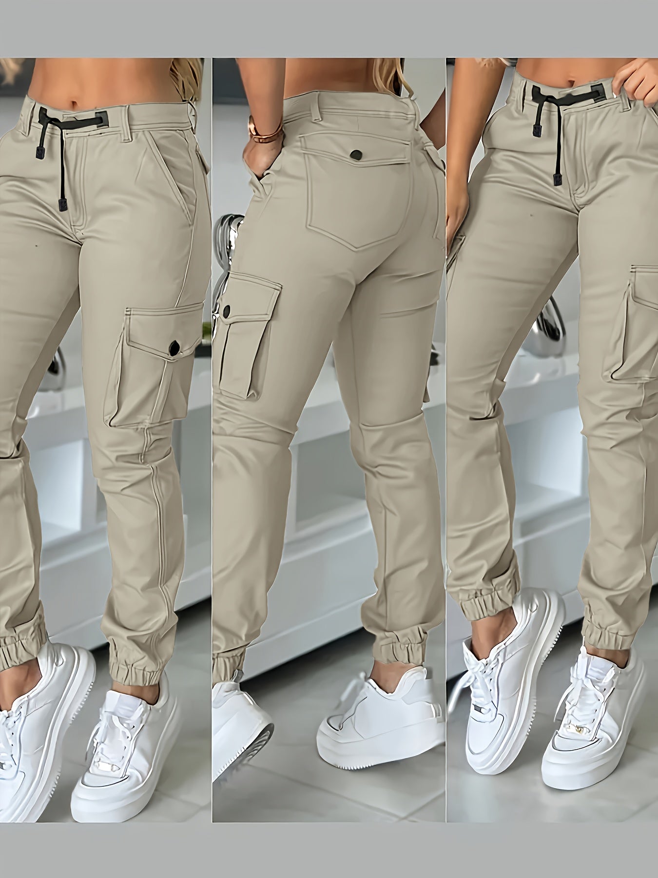 Olive Green Cargo Pants With Many Pockets And Drawstring