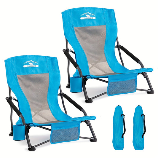 Portable Folding Mesh Beach Chair For Adults Low Back Sling With Cup Holder
