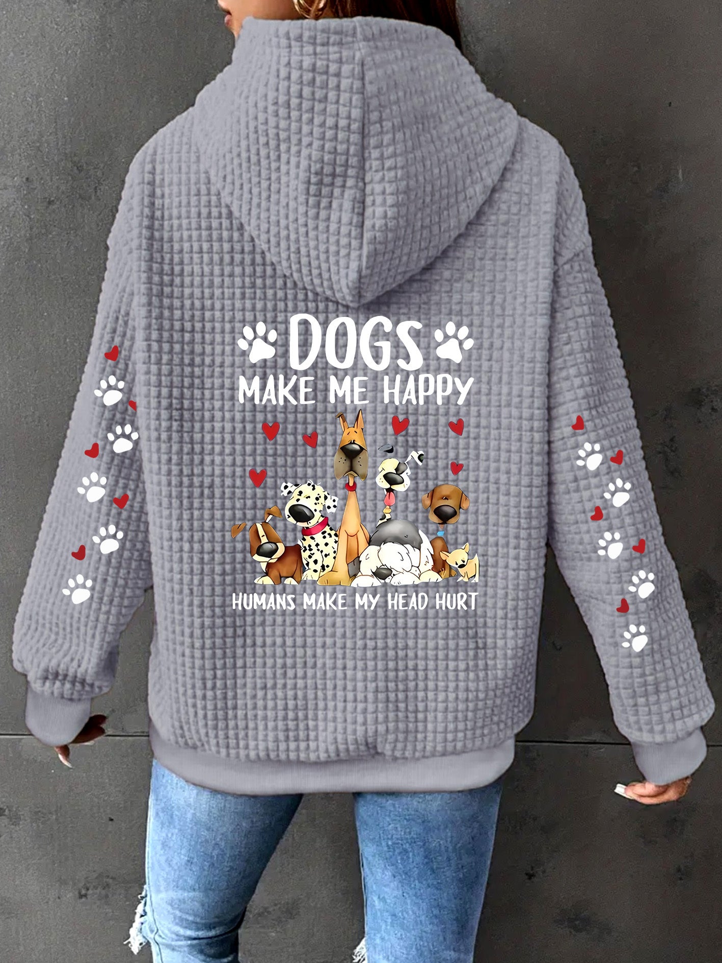 Women's Waffle Knit Zip Up Hoodie Dogs Make Me Happy Print