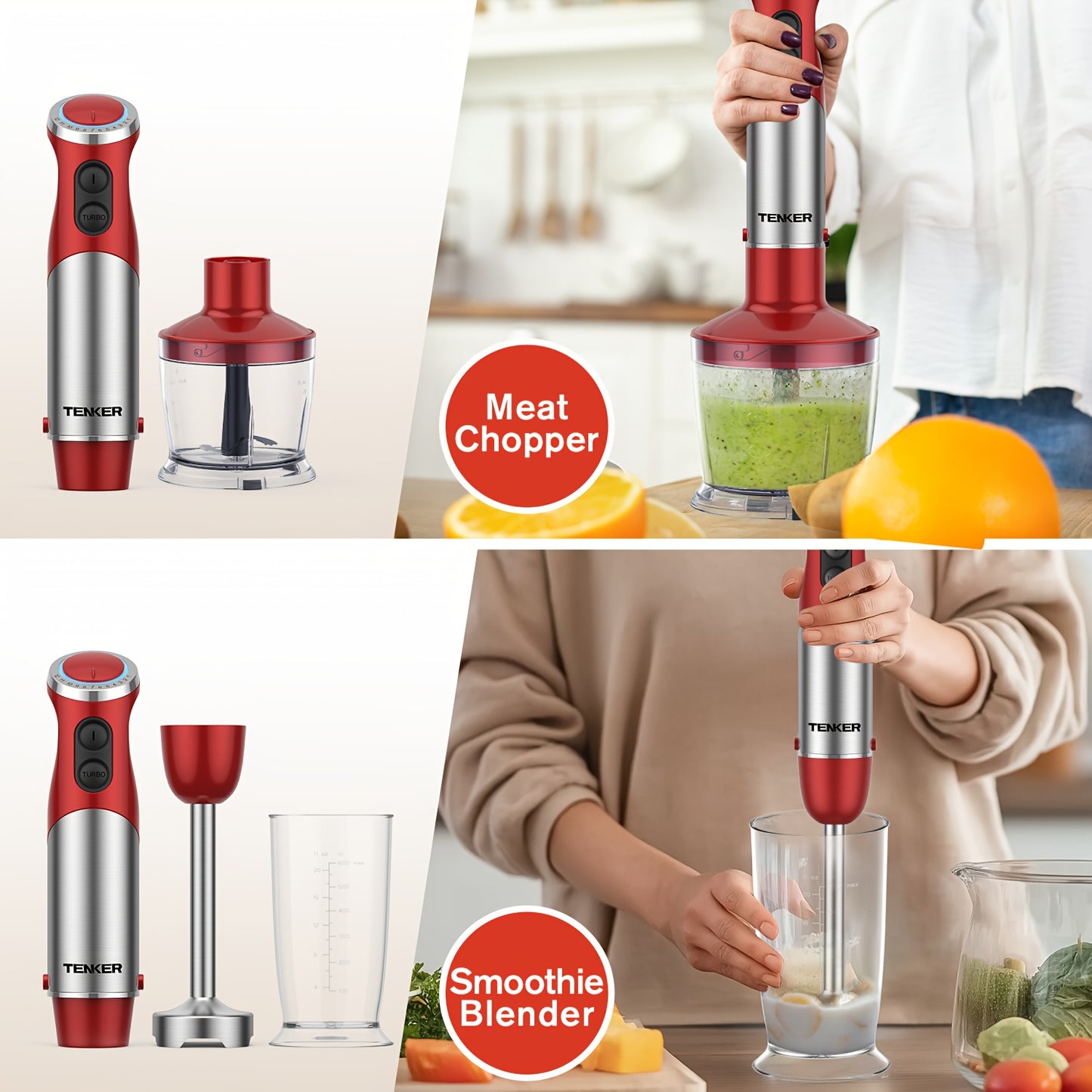 Tenker 5 In 1 Immersion Hand Blender With 12 Speed Motor Stainless Steel Stick Chopper Whisk Milk Frother Cordless Red