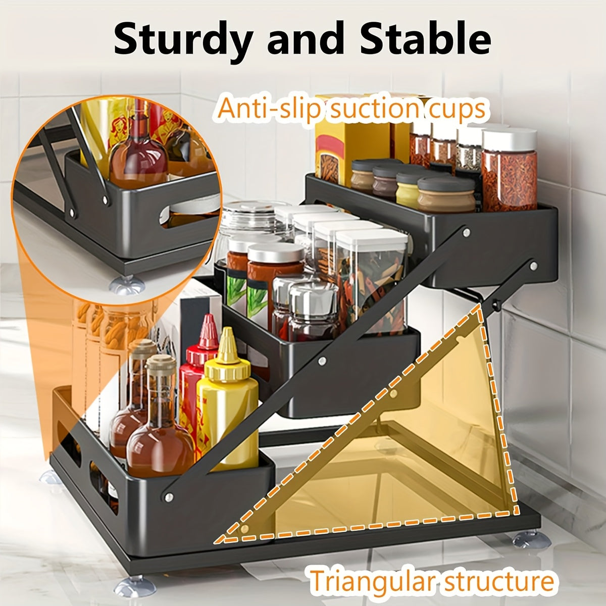 3-Tier Foldable Cast Iron Spice Rack With Safety Rails For Kitchen Storage Holiday Theme Durable Painted Finish