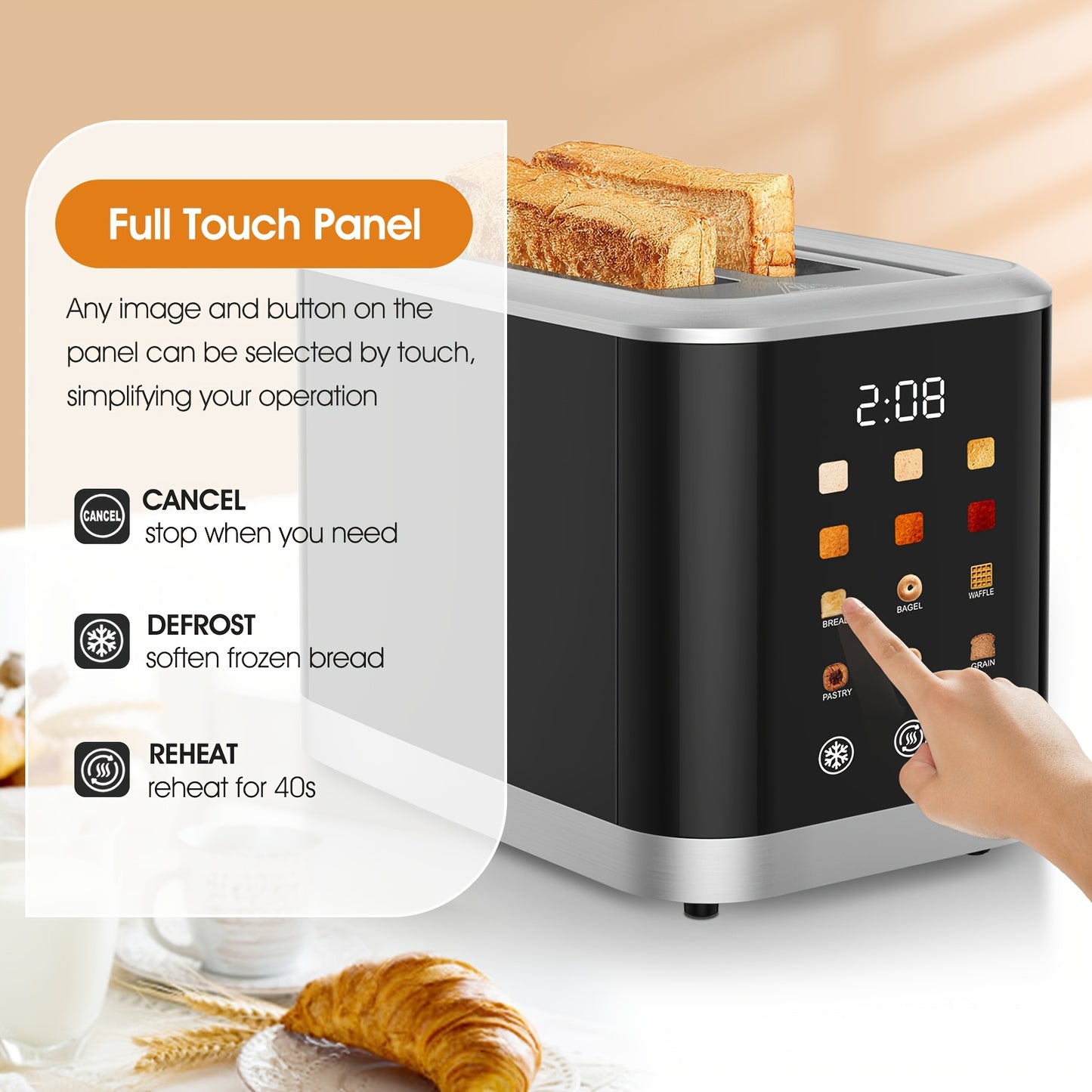 Smart Touchscreen Toaster 2 Slice With LCD Display 6 Toasting Levels 6 Shade Settings Digital Timer Bagel Cancel Defrost